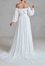 Off the Shoulder Lantern Sleeves Chiffon A-Line Wedding Dress with High Slit