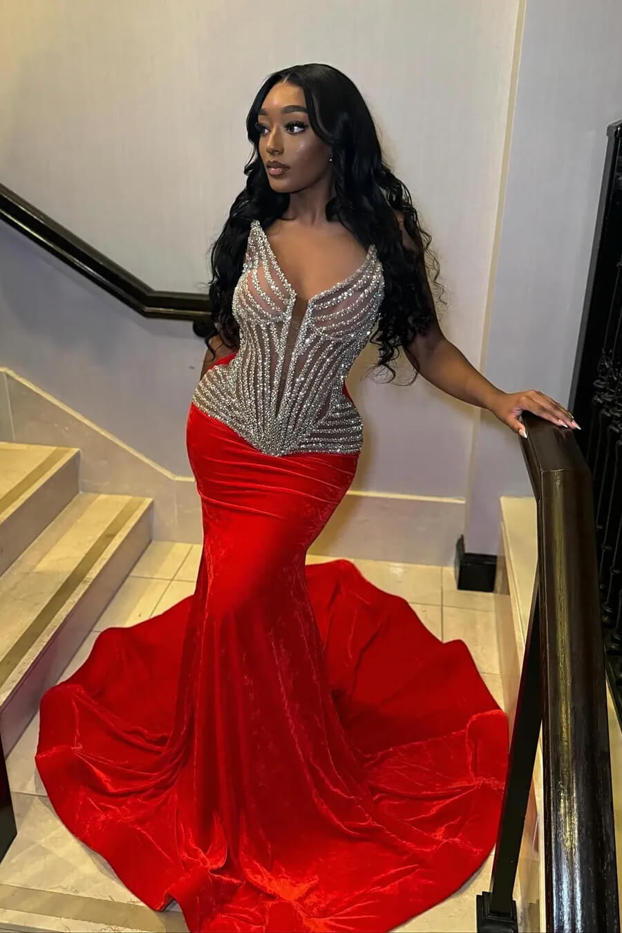 Modern Red V-Neck Sleeveless Prom Dress Mermaid Long With Beadings