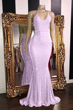 Hidais Glamorous Halter Neck Mermaid Sleeveless Red Long Prom Dress With Sequins