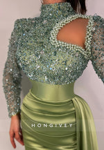 L2972 - High Neck Long Sleeve Empire Beaded Prom Evening Dress