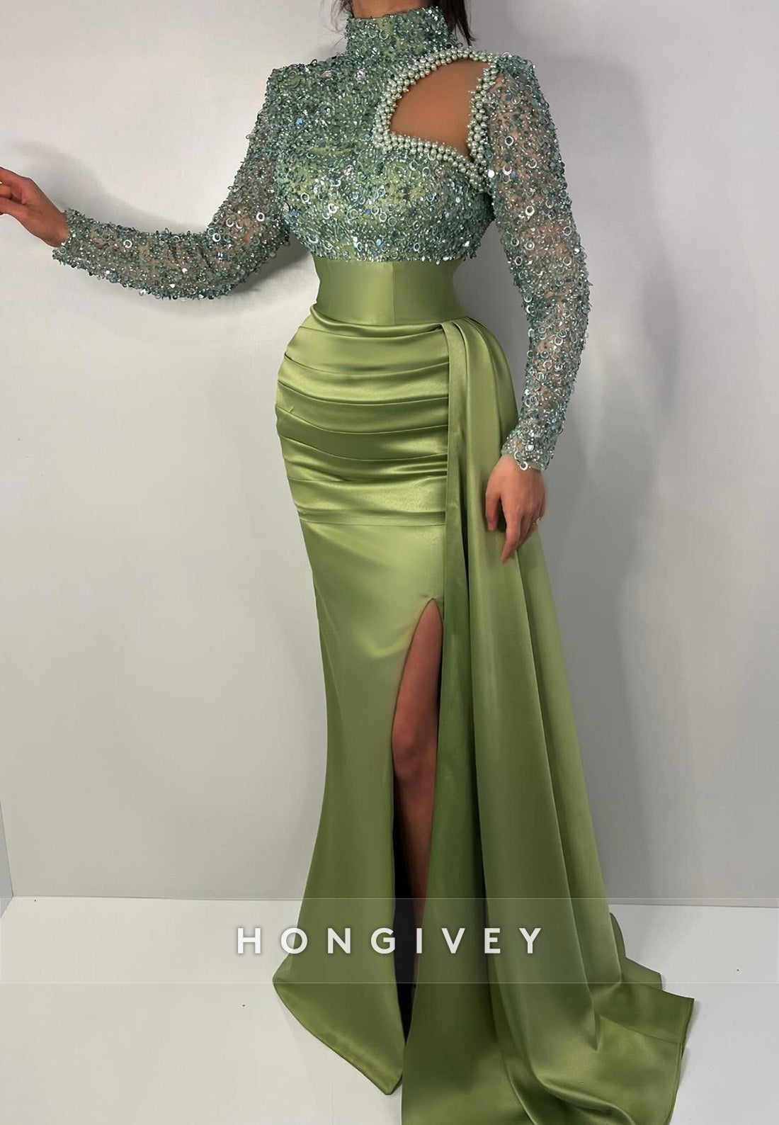 L2972 - High Neck Long Sleeve Empire Beaded Prom Evening Dress