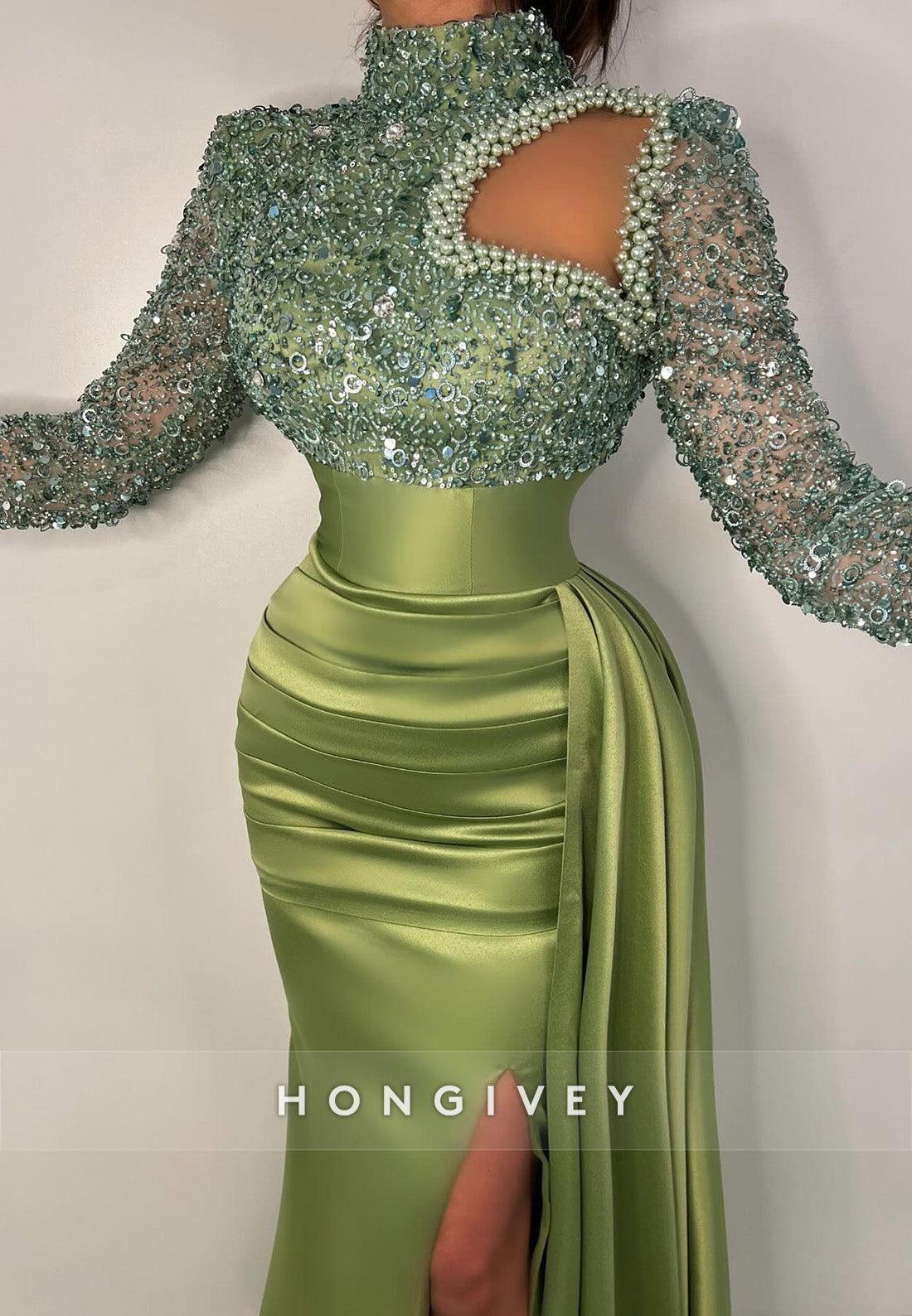 L2972 - High Neck Long Sleeve Empire Beaded Prom Evening Dress