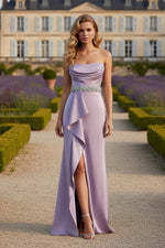Purple Strapless Satin Gown With Embellished Belt Detail