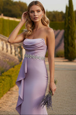 Purple Strapless Satin Gown With Embellished Belt Detail