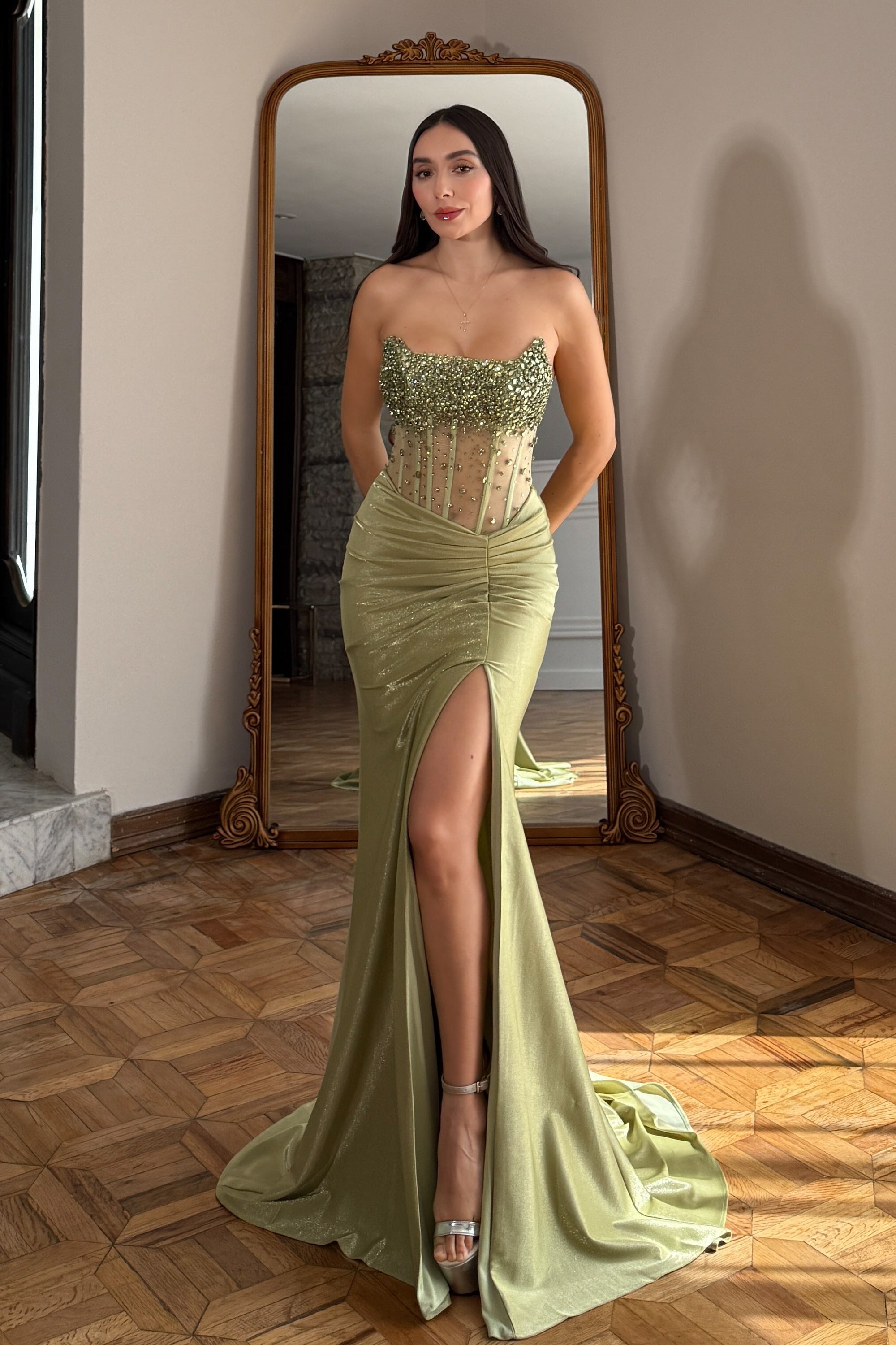 Strapless Beaded Mermaid Floor-Length Prom Dresses with High Slit