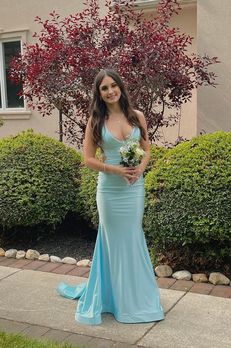 V Neck Blue Mermaid Prom Dresses Sleeveless Long Formal Dress