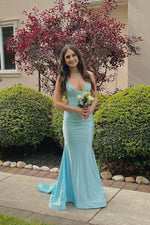 V Neck Blue Mermaid Prom Dresses Sleeveless Long Formal Dress