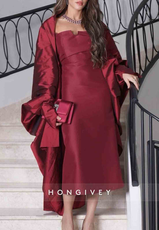 Shawl Column Long Sleeves Pleated Tea-Length Burgundy Evening Gowns