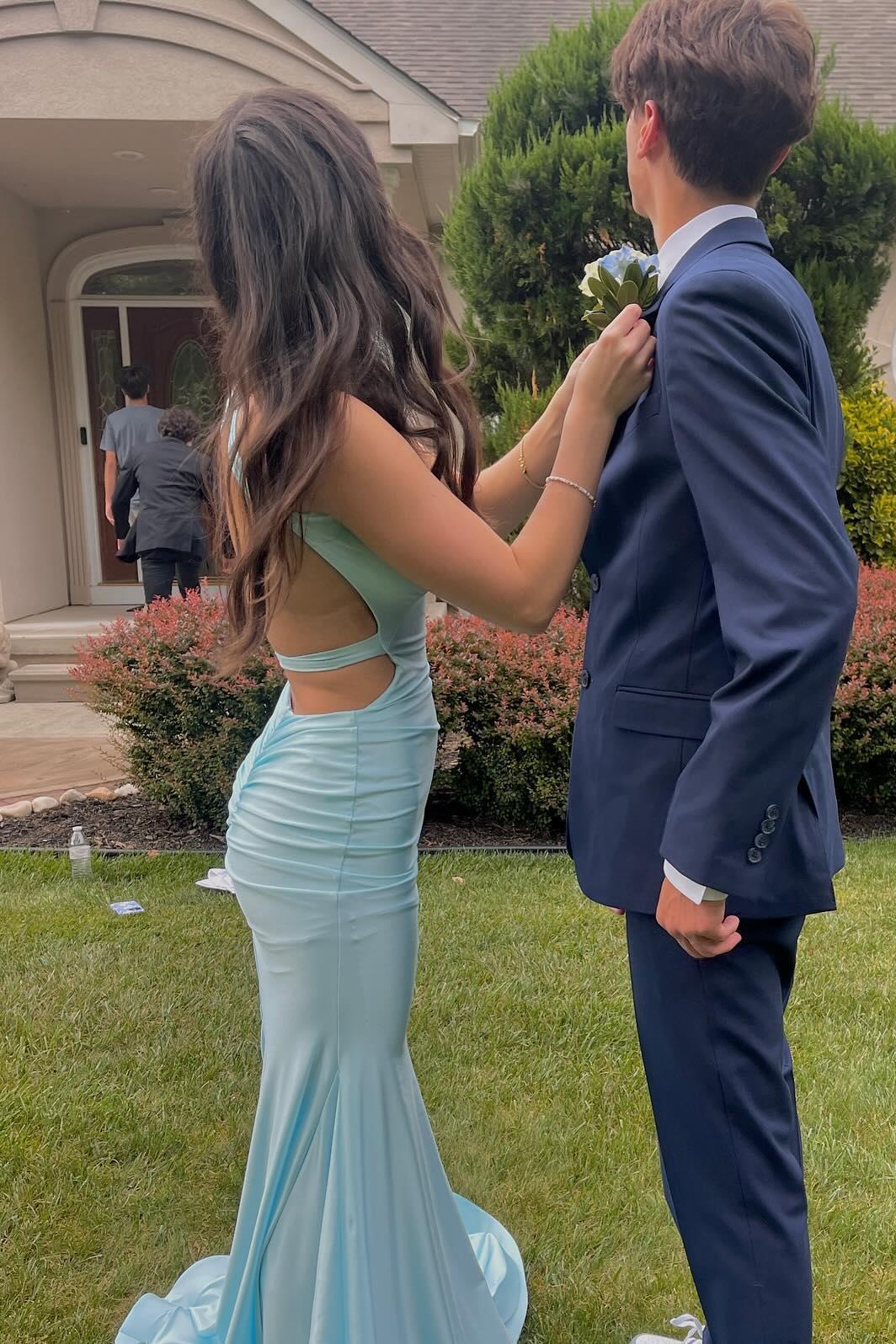 V Neck Blue Mermaid Prom Dresses Sleeveless Long Formal Dress