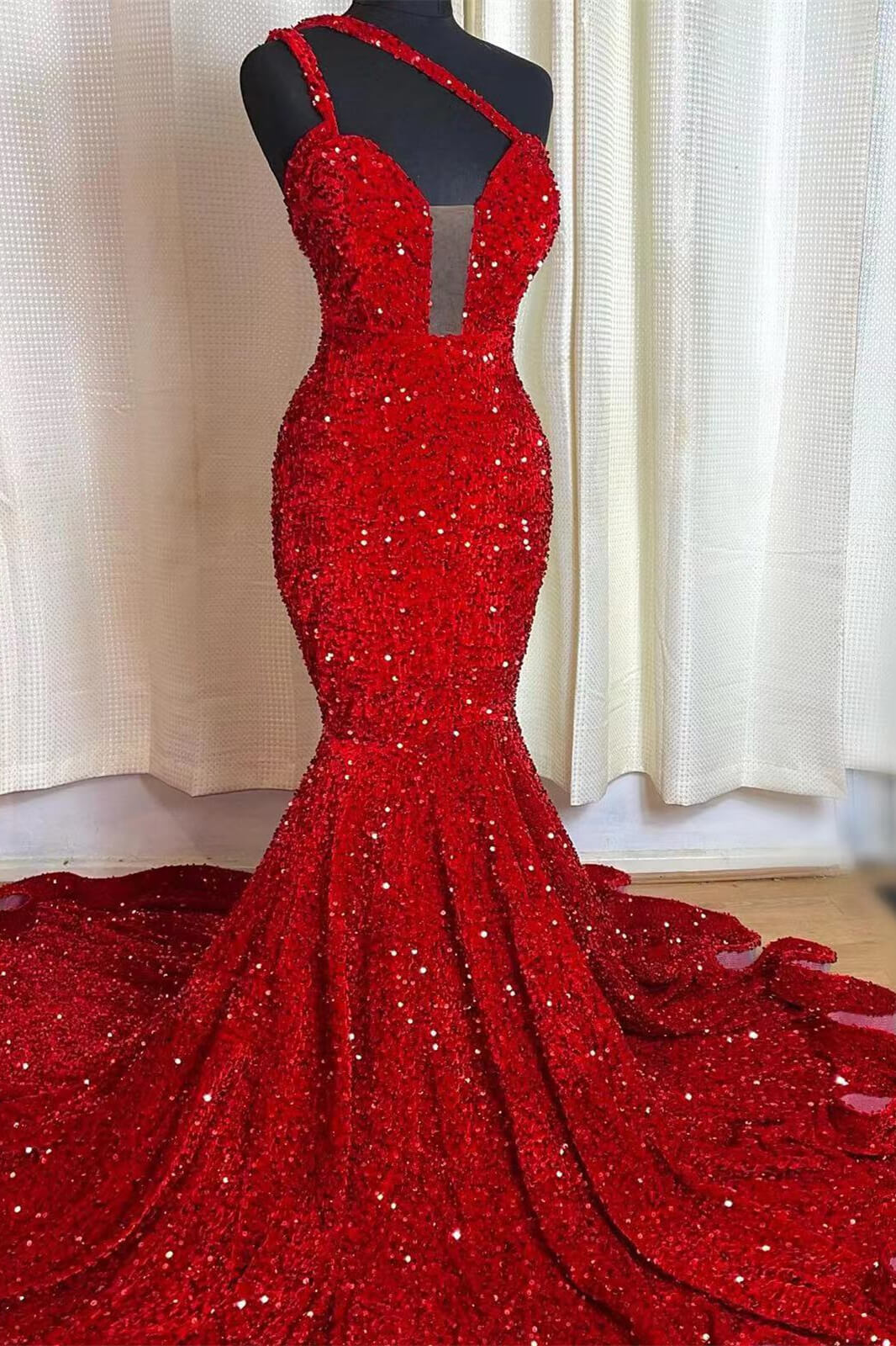 Hidais Red Mermaid Sleeveless One Shoulder Prom Dress Sweetheart Elegant Sequins