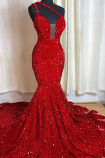 Hidais Red Mermaid Sleeveless One Shoulder Prom Dress Sweetheart Elegant Sequins