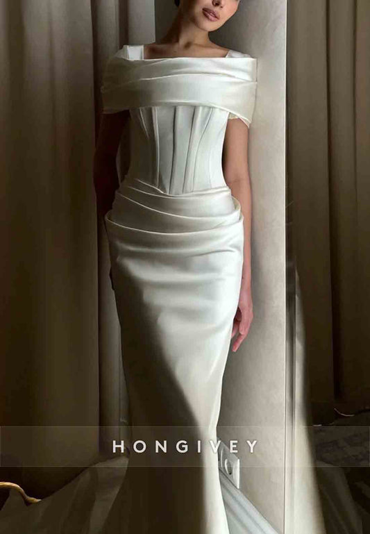 Sheath Court Train Square Satin Shawl Pleated Wedding Dresses