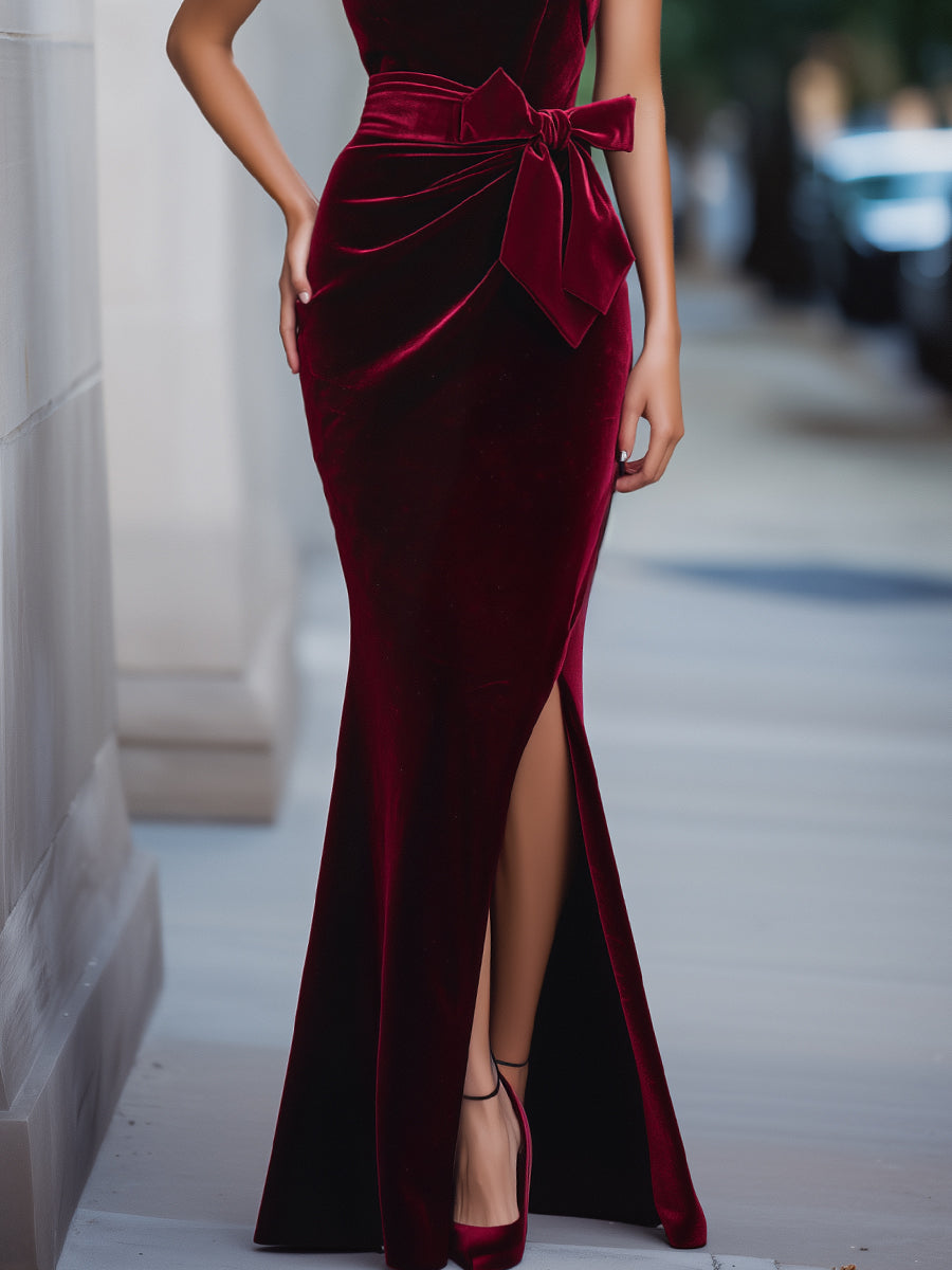 One-Shoulder Velvet Evening Dress With Waist Bow