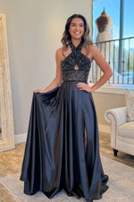 Gorgeous A Line V Neck Black Satin Prom Dress with Beading