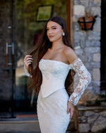 White Long Lace Sleeves Strapless Square Mermaid Long Wedding Dress
