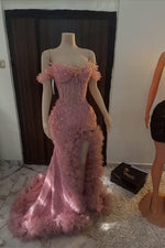 Dusty Pink Off-the-Shoulder Mermaid Prom Dress Split With Beadings Crystals Ruffles