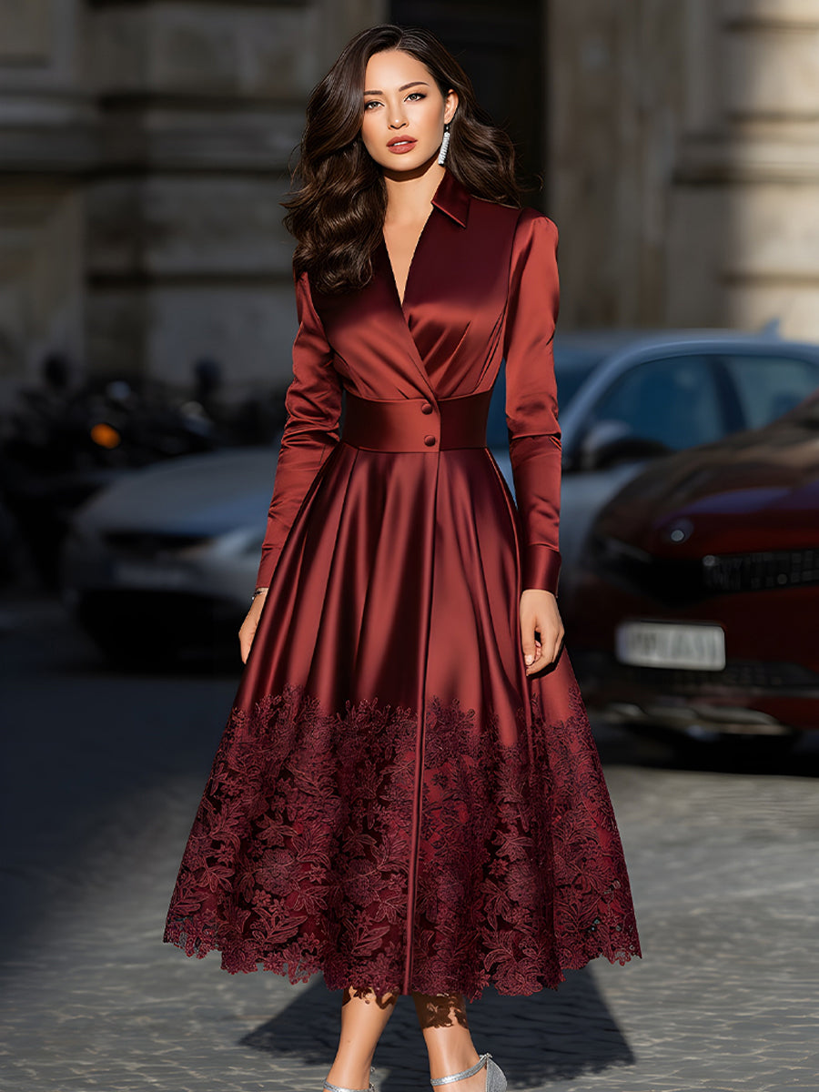 Burgundy Satin Belted Midi Evening Dress With Lace Hem