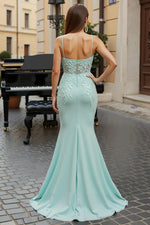Exquisite Formal Women Mint Green Mermaid Spaghetti Scoop Neck Sleeveless with Appliques Backless Long Prom Dress