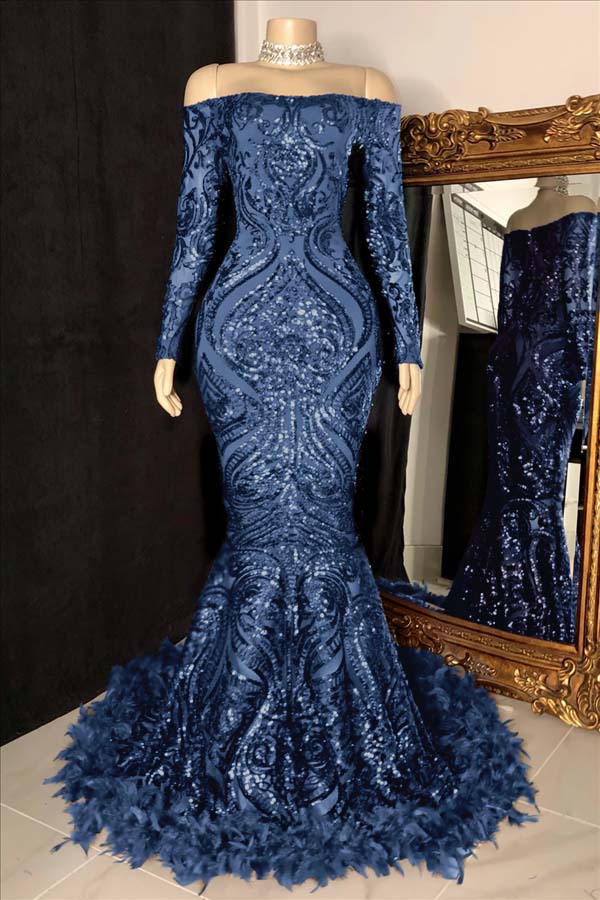 Hidais Long Sleeves Strapless Mermaid Prom Dress Sequins Burgundy With Feather