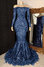 Hidais Long Sleeves Strapless Mermaid Prom Dress Sequins Burgundy With Feather