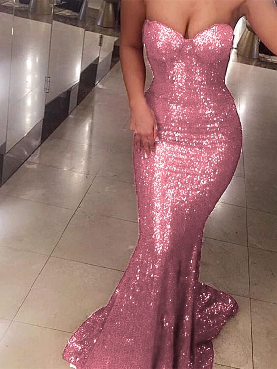 Mermaid Sweetheart Pink Sequin Prom Dresses Long Party Dress 18th Birthday Outfits Graduation Dress RB1252