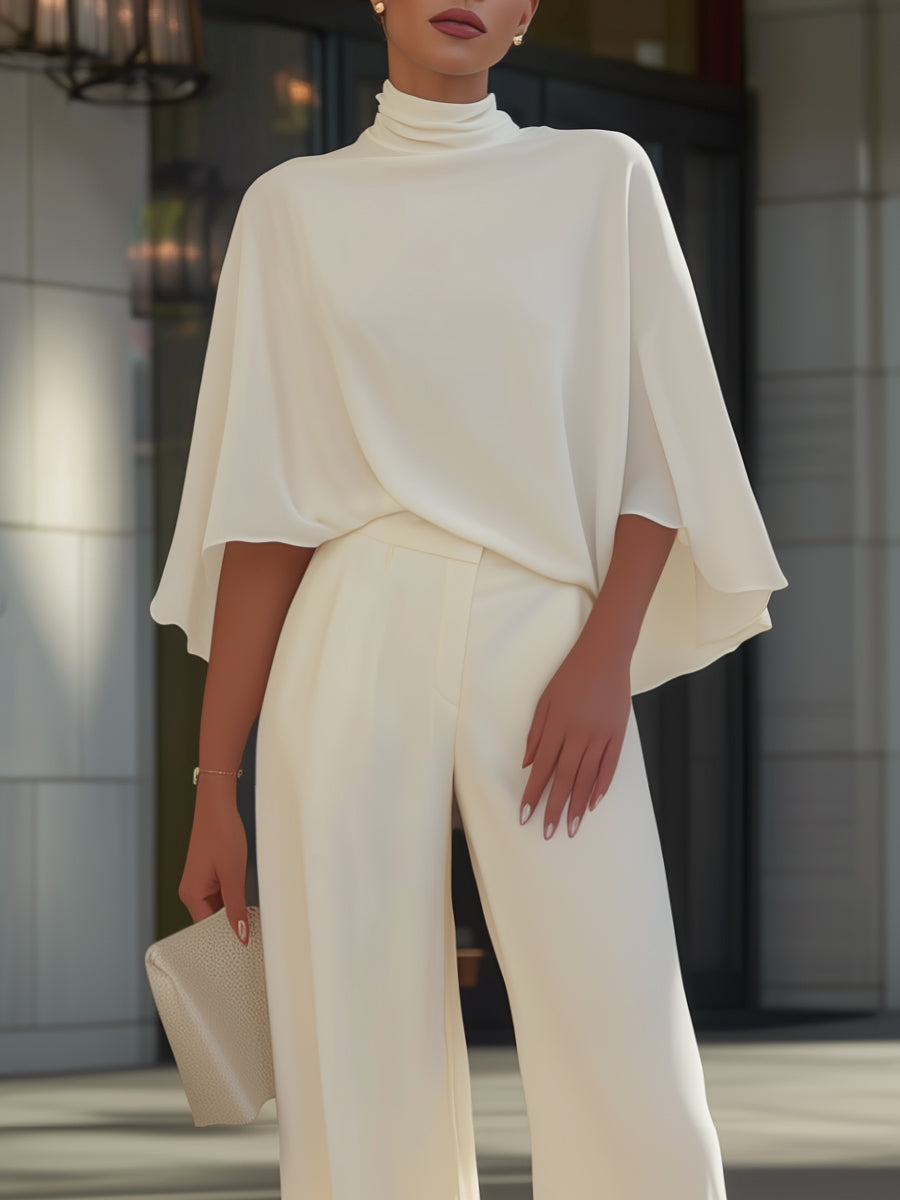 Cape-Sleeve High-Neck Blouse Slit Wide-Leg Trousers Set