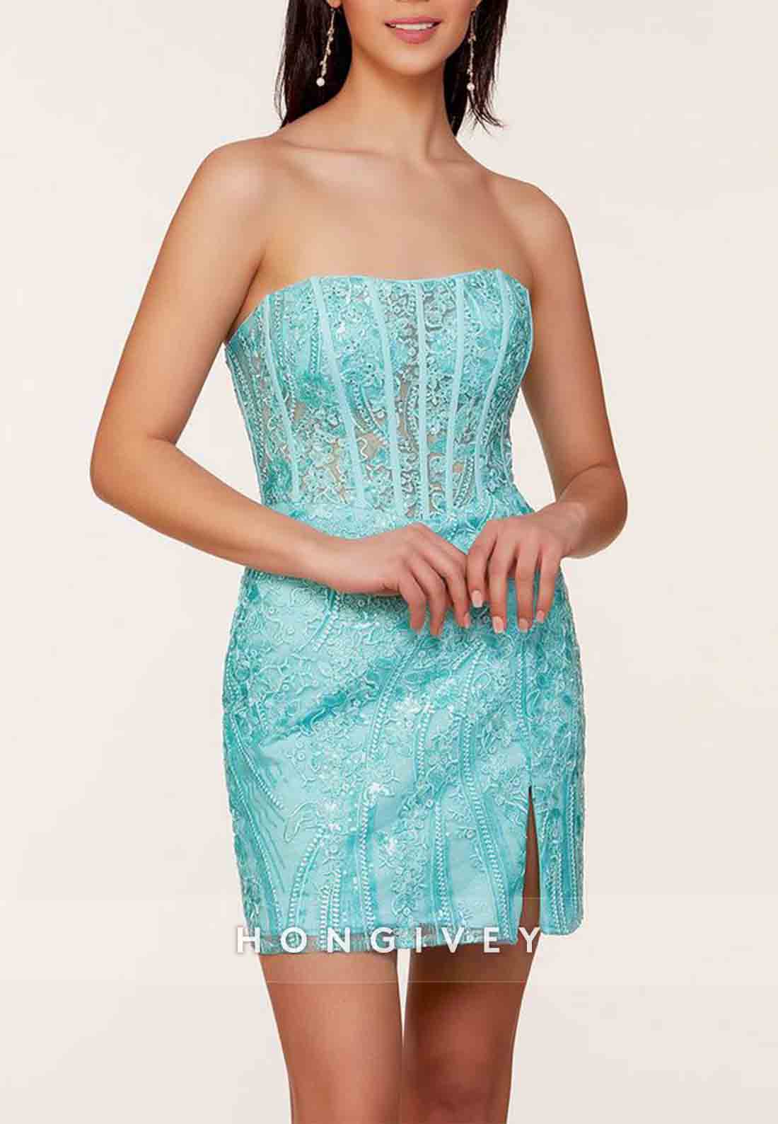 Strapless Glitter Flowers Sheath Short Homecoming Dress with Side Slit
