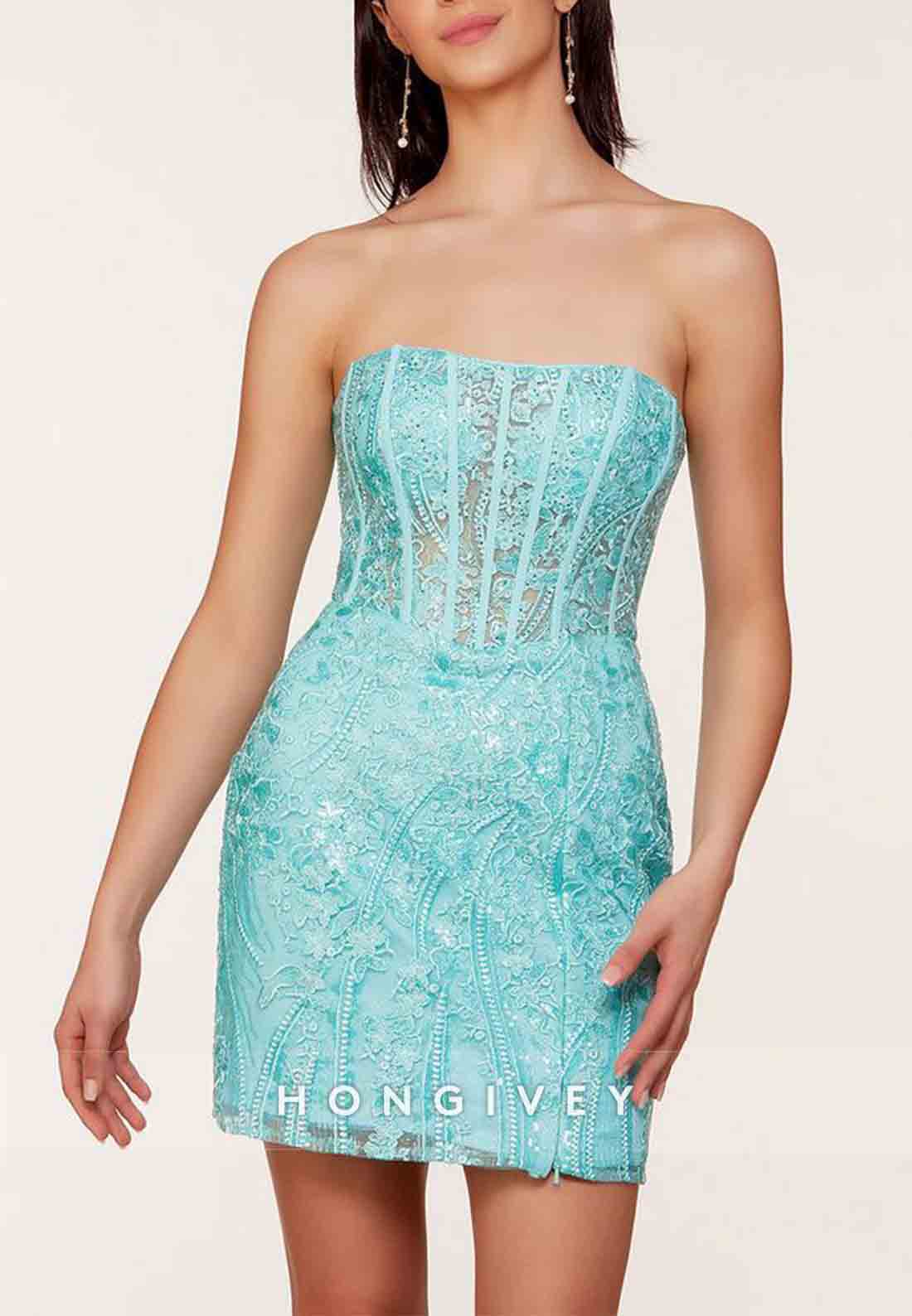 Strapless Glitter Flowers Sheath Short Homecoming Dress with Side Slit