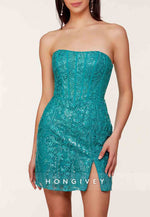 Strapless Glitter Flowers Sheath Short Homecoming Dress with Side Slit