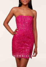 Strapless Glitter Flowers Sheath Short Homecoming Dress with Side Slit