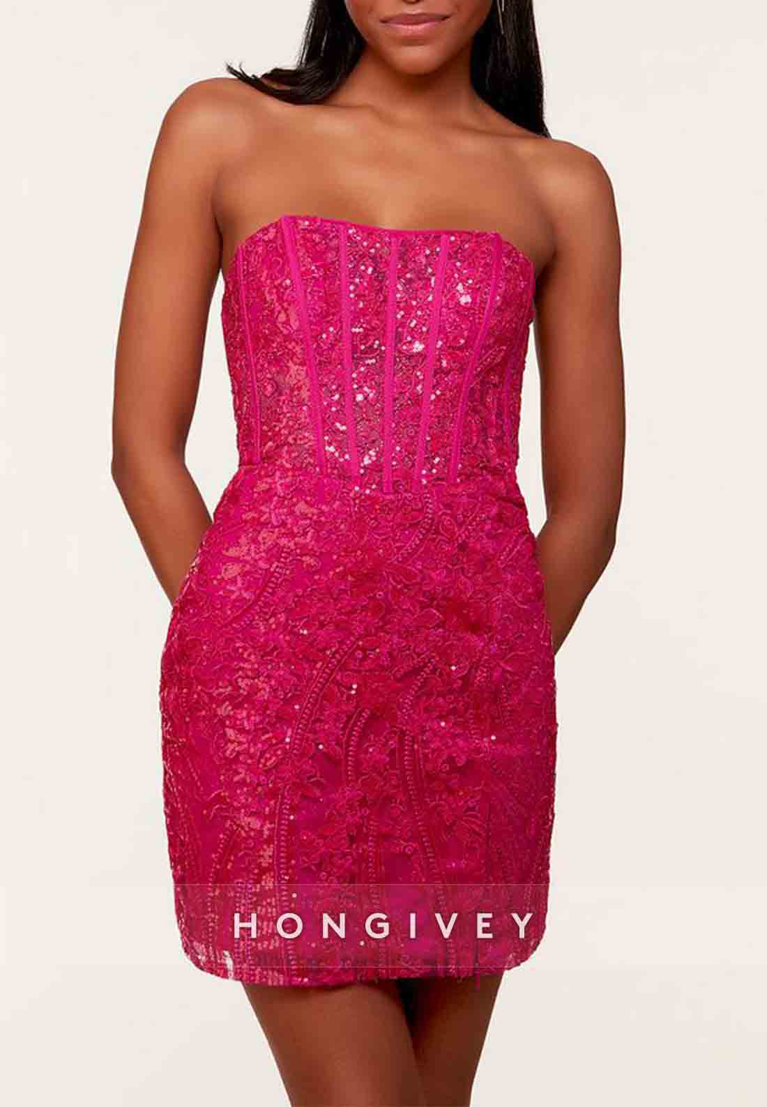 Strapless Glitter Flowers Sheath Short Homecoming Dress with Side Slit