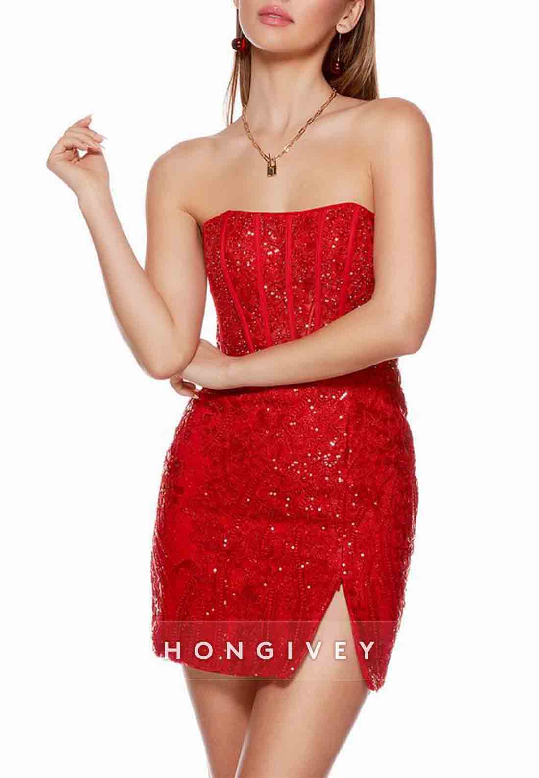 Strapless Glitter Flowers Sheath Short Homecoming Dress with Side Slit