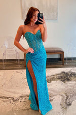 Cute Mermaid Sweetheart Sequins Slit Prom Dress with Beading