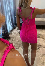 Sparkle Ruched Bodycon Beaded Homecoming Dress with Corset Bodiceand Tie Straps