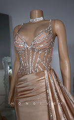 L2929 - Chic V-Neck Spaghetti Straps Beaded With Train Party Prom Evening Dress For Black Women