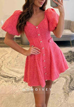 Modern A-Line Covered Button Short Pleated Homecoming Dress with Short Sleeves