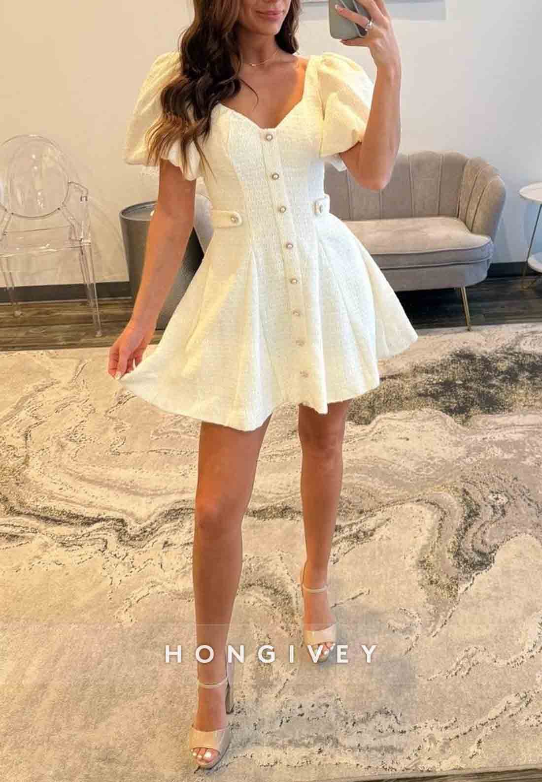 Modern A-Line Covered Button Short Pleated Homecoming Dress with Short Sleeves