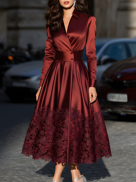 Burgundy Satin Belted Midi Evening Dress With Lace Hem