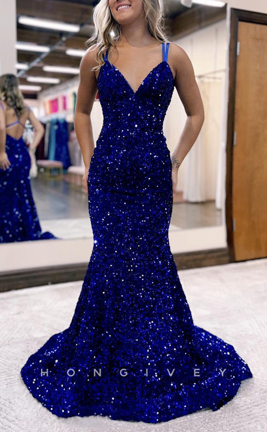 L2716 - Trumpet Fully Sequined V-Neck Spaghetti Straps With Train Party Prom Evening Dress