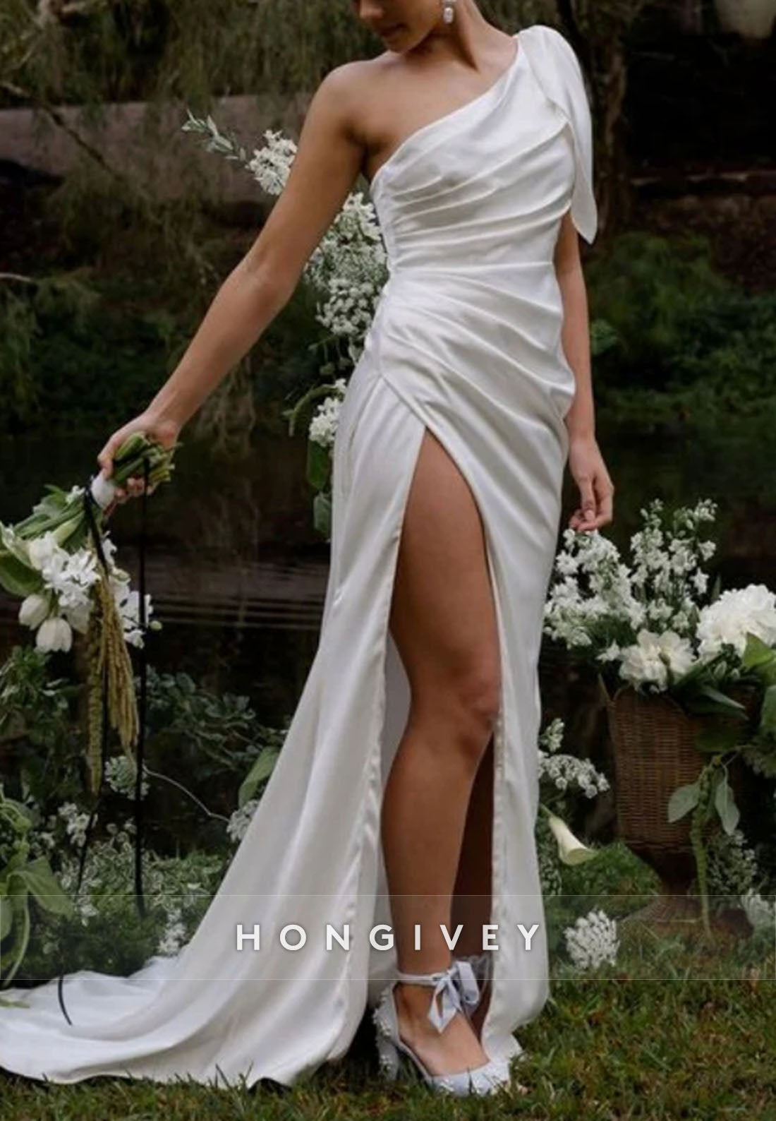 One Shoulder High Slit Satin Pleated Sweep Train Wedding Dresses