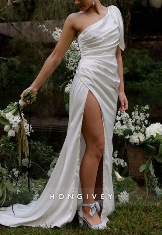 One Shoulder High Slit Satin Pleated Sweep Train Wedding Dresses
