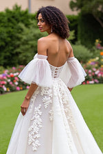 Ruffles Sleeves Off-the-Shoulder Princess Tulle Wedding Dress Sweetheart With Appliques