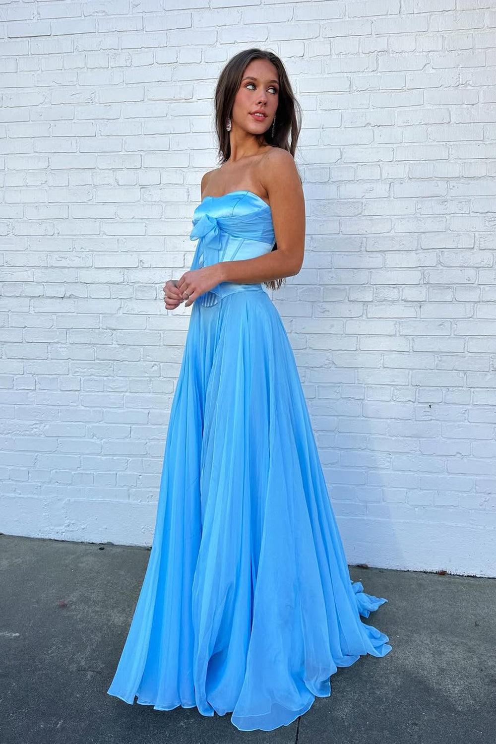 Cute A Line Sweetheart Blue Chiffon Prom Dress with Bow