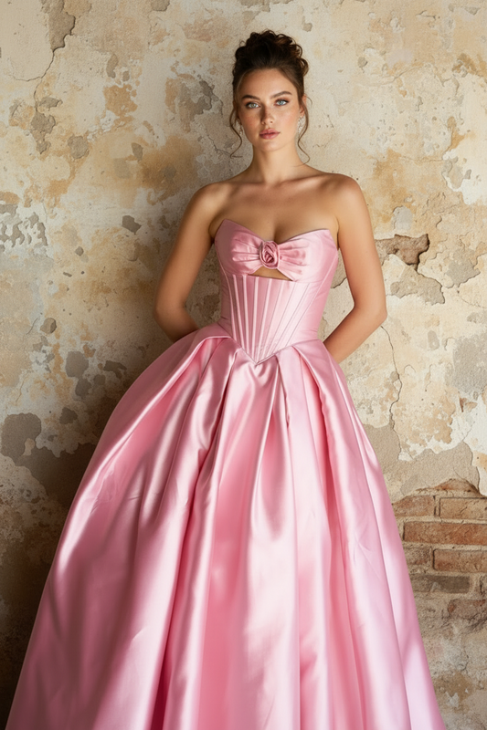 Strapless Satin A-Line Sleeve Prom Ball Gown