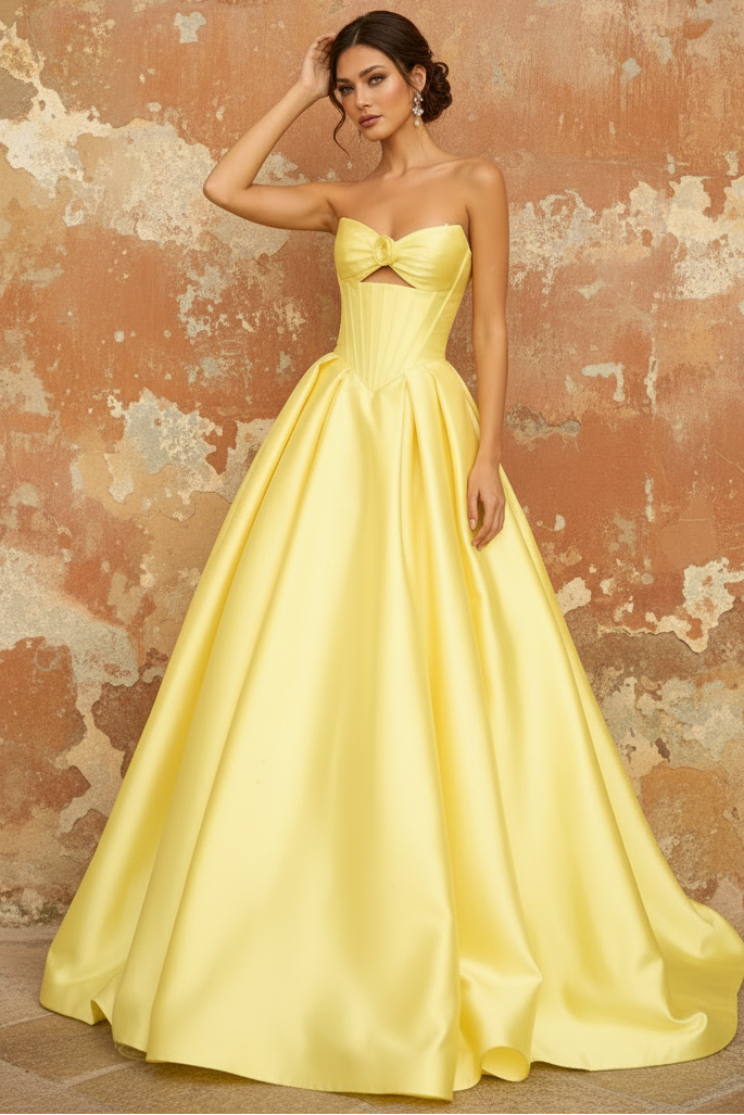 Strapless Satin A-Line Sleeve Prom Ball Gown