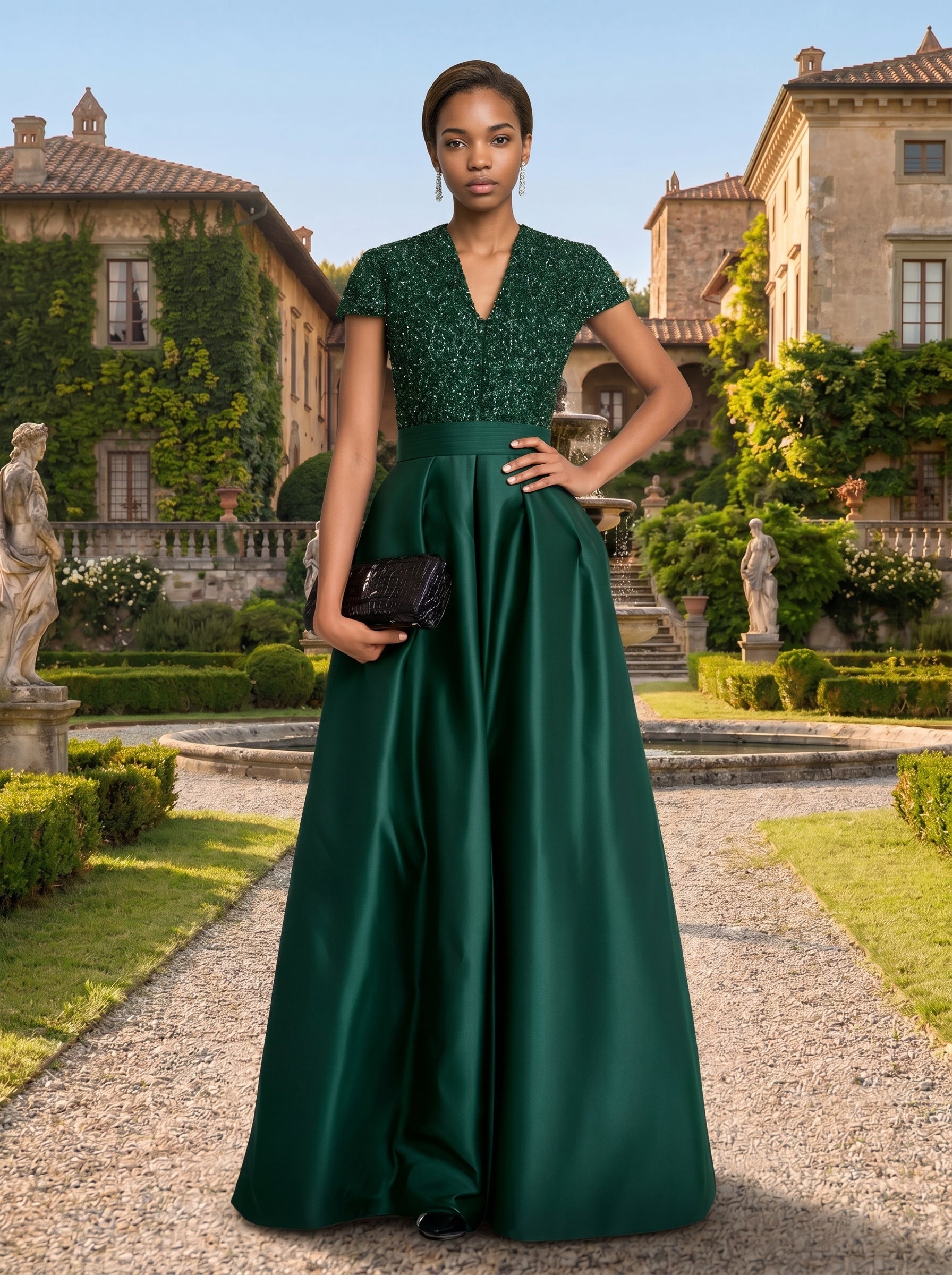 A Line V Neck Short Sleeve Sequined Elegant Mother of the Bride Dresses with Pleats