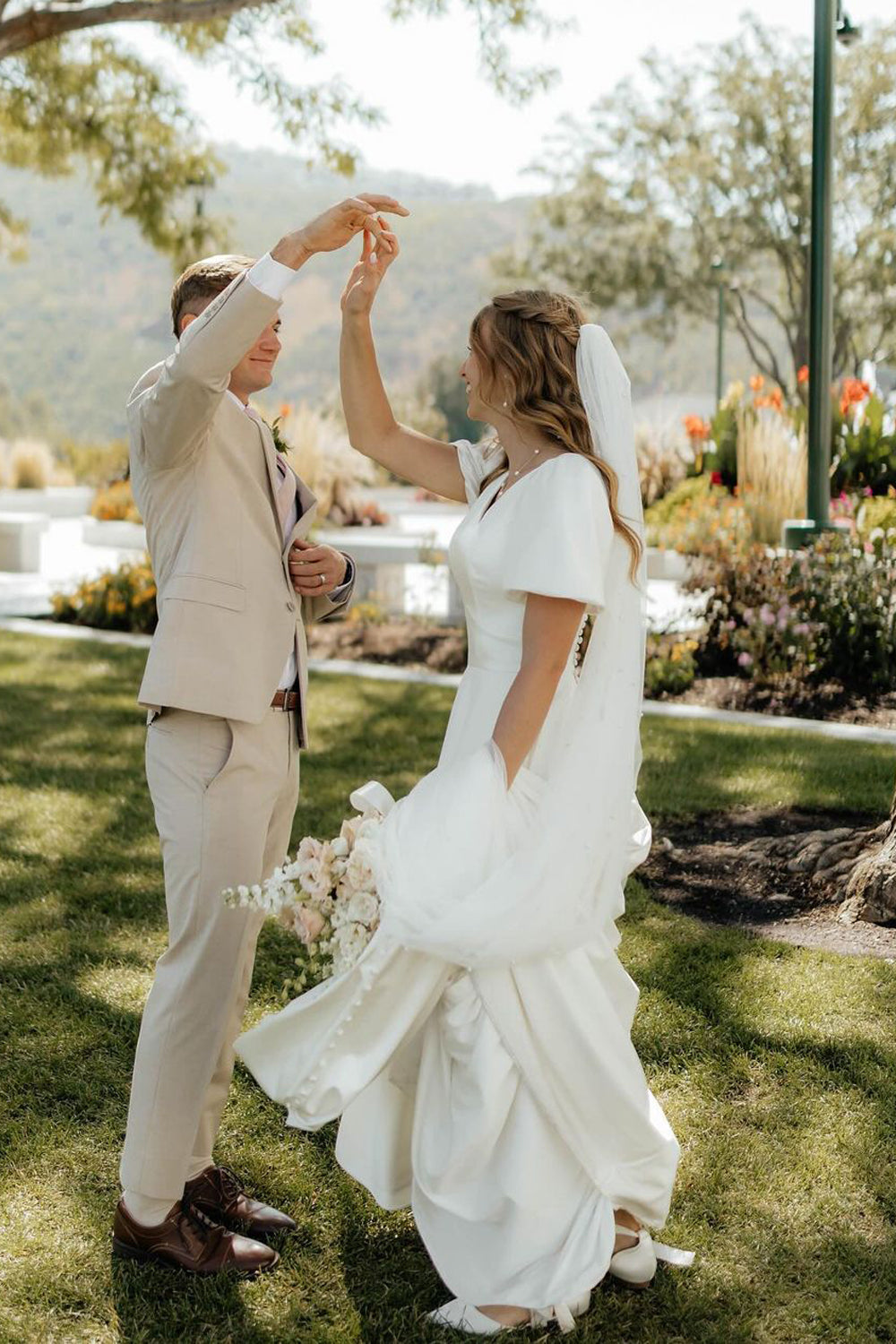 Fairy A Line V Neck Satin Wedding Dresses with Sleeves