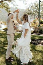 Fairy A Line V Neck Satin Wedding Dresses with Sleeves