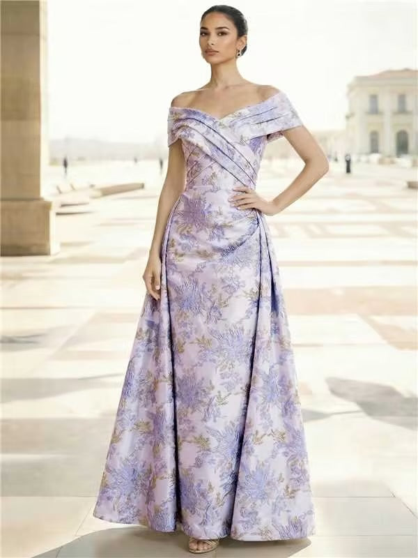 Evening Gown Elegant Floral Jacquard Evening Dress Satin Off the Shoulder Floor-Length Formal Dress With Overskirt