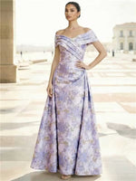 Evening Gown Elegant Floral Jacquard Evening Dress Satin Off the Shoulder Floor-Length Formal Dress With Overskirt